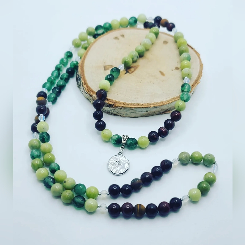 Jade, Tiger Eye, Green Agate Mala 108 Bead necklace